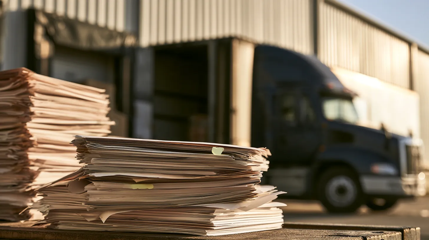 A stack of freight paperwork resting on a dock ledge with a tractor unit parked beyond it.