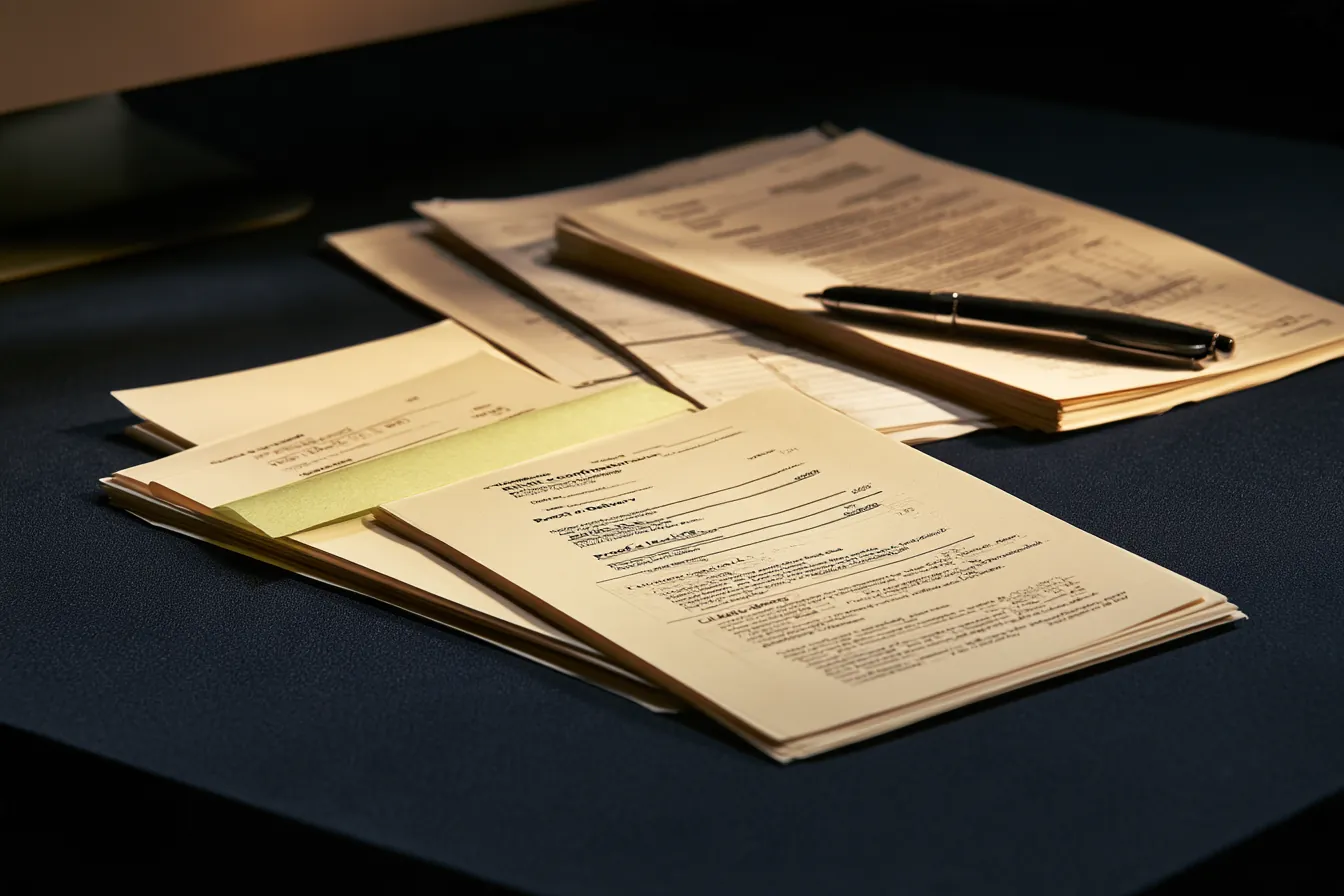 Freight contract pages and a rate confirmation laid out on a dark desk with a pen.