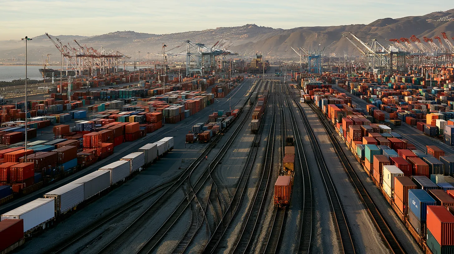 Elevated view of an intermodal yard with containers and rail lines running to the horizon.
